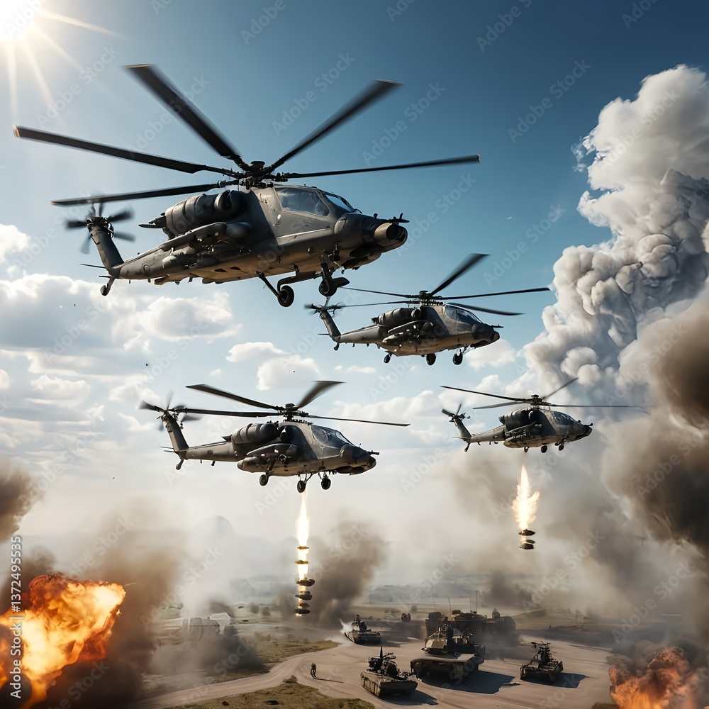 Naklejka premium Attack Helicopters in Combat Zone