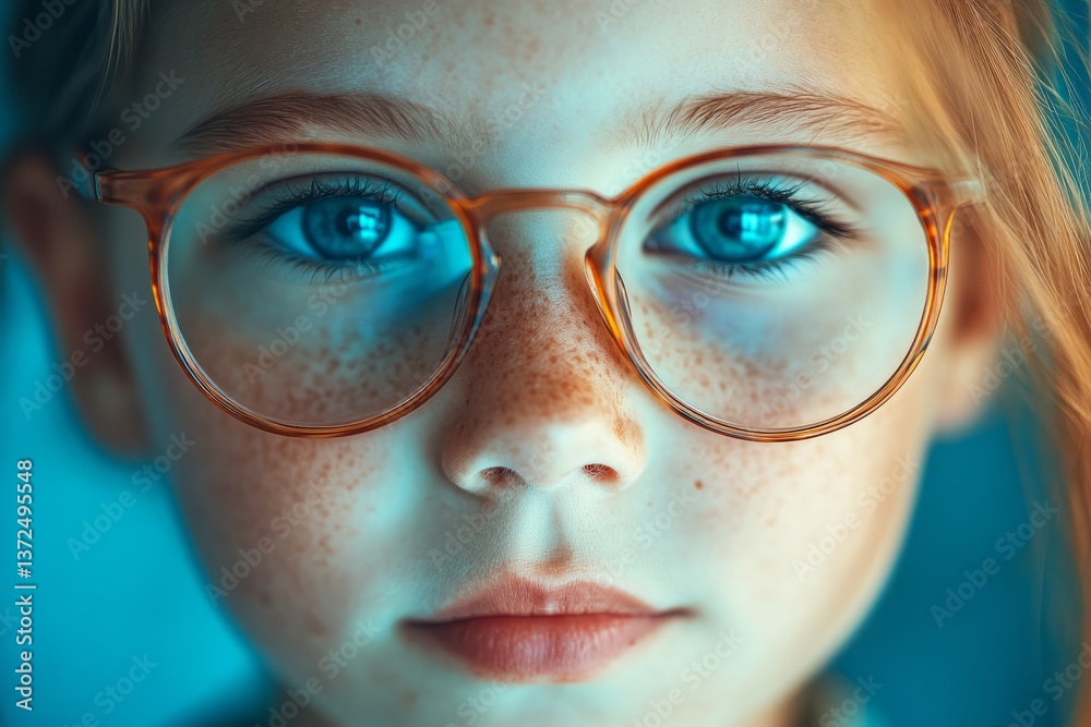 Young girl with freckled face and glasses gazes directly at the camera in a softly lit environment