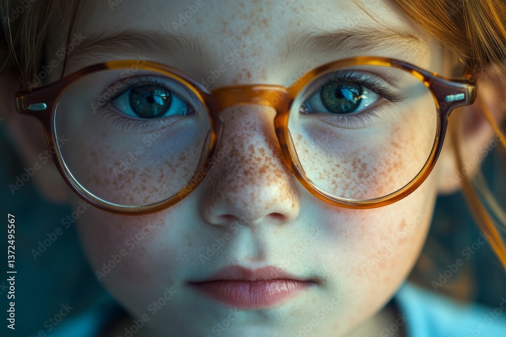 Child with freckles and glasses gazing intently, showcasing curiosity and innocence in a close-up portrait