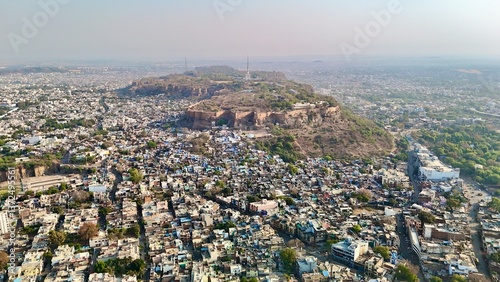 Densely populated indian city gwalior showing tiny houses and greenery 