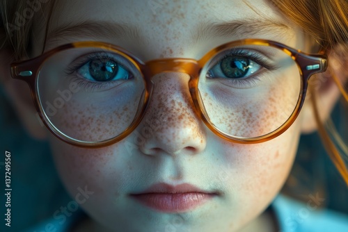 Obraz na płótnie Child with freckles and glasses gazing intently, showcasing curiosity and innocence in a close-up portrait w salonie