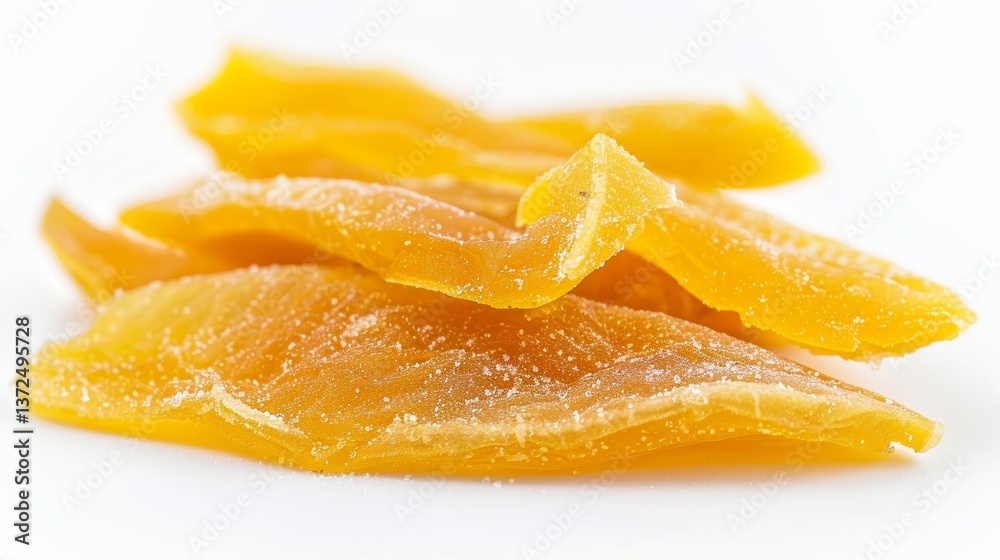 Soft and Warm Studio Photograph of Dried Mango Slices Set on White Background Soft and Warm Studio Photograph of Dried Mango Slices Set on White Background