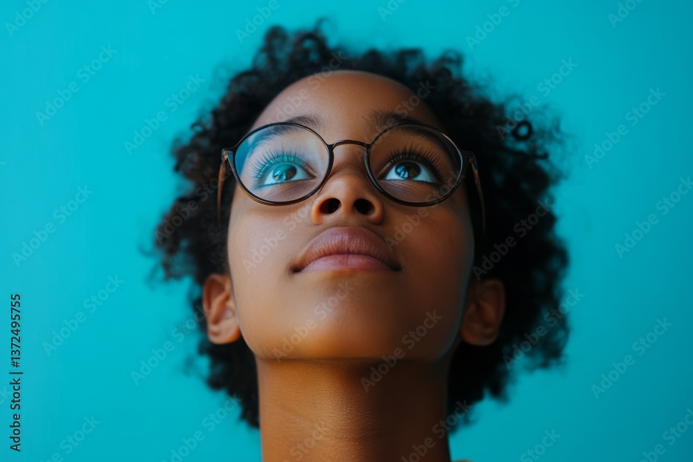 Girl looking up with curiosity against a vibrant blue background in a bright indoor setting