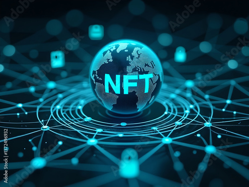 Non-Fungible Token Hologram on Digital Screen: NFT, Network Circuit, and Globe photo