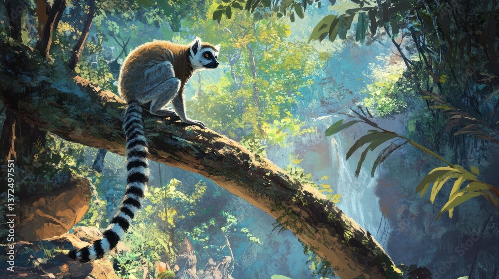 Fototapeta premium Ring-tailed lemur on branch in lush rainforest with waterfall