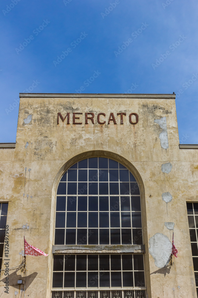 Facade of the historic market hall in Lucca, Italy