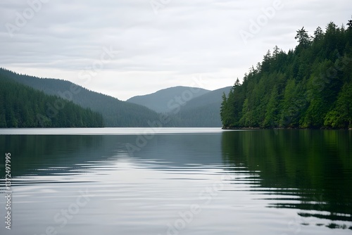 Fototapeta Naklejka Na Ścianę i Meble -  Serene lake reflects forested hills beneath a cloudy sky