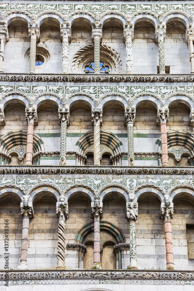 Front facade of the historic San Michele church in Lucca, Italy