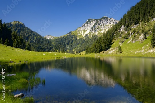 Serene lake reflects mountains under clear sky