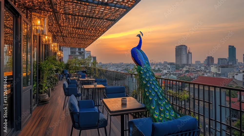 Rooftop patio with peacock overlooking city sunset