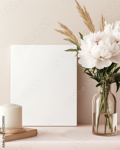 Minimalist floral composition with white peonies and canvas