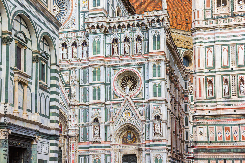 Decorated facade of the historic Duomo cathedral in Florence, Italy