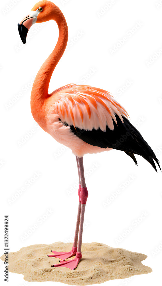 Obraz premium Pink Flamingo Standing on Sand, Transparent Background. Tropical Bird.