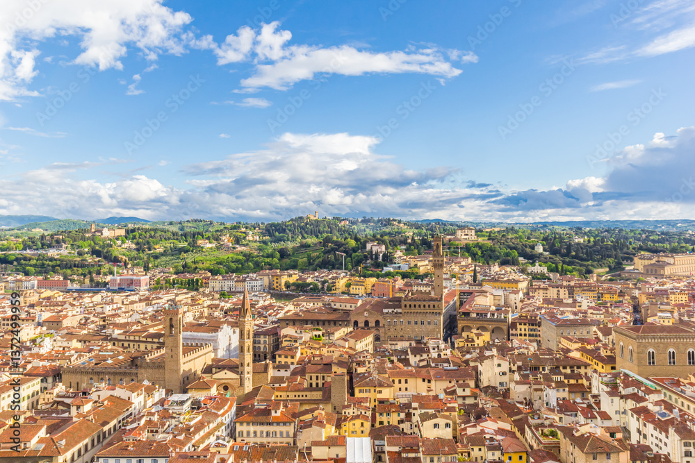 Aerial view over the historic old town and surrounding landscape in Florence, Italy