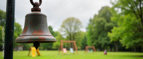 Rusty bell in playground with swings and green trees