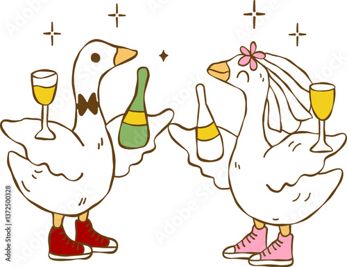 Hand drawn wedding cute silly goose, Bride and groom duck vector, Silly Bride Goose, Cute duck couple