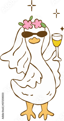 Hand drawn wedding cute silly goose, Bride and groom duck vector, Silly Bride Goose, Cute duck couple