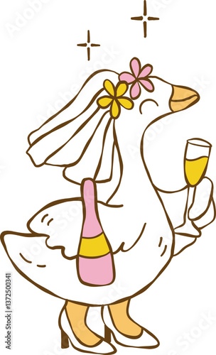 Hand drawn wedding cute silly goose, Bride and groom duck vector, Silly Bride Goose, Cute duck couple