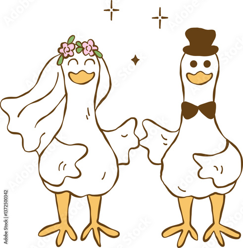 Hand drawn wedding cute silly goose, Bride and groom duck vector, Silly Bride Goose, Cute duck couple