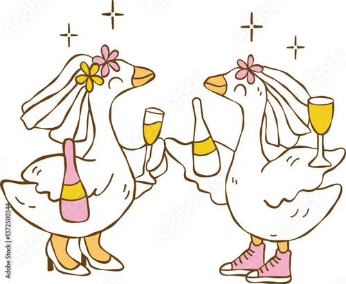 Hand drawn wedding cute silly goose, Bride and groom duck vector, Silly Bride Goose, Cute duck couple