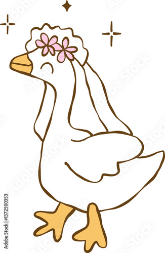 Hand drawn wedding cute silly goose, Bride and groom duck vector, Silly Bride Goose, Cute duck couple