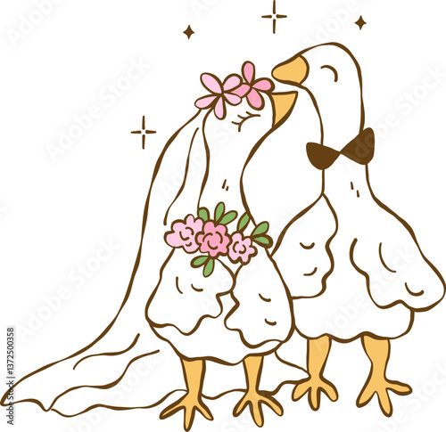 Hand drawn wedding cute silly goose, Bride and groom duck vector, Silly Bride Goose, Cute duck couple