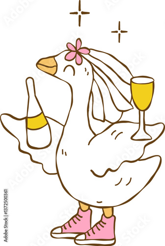 Hand drawn wedding cute silly goose, Bride and groom duck vector, Silly Bride Goose, Cute duck couple