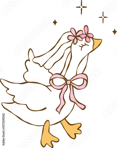 Hand drawn wedding cute silly goose, Bride and groom duck vector, Silly Bride Goose, Cute duck couple