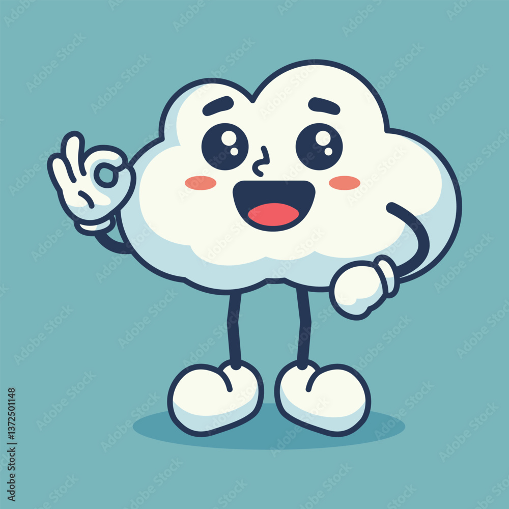 Fluffy cloud character with a cheerful face and giving an okay hand gesture. Cute and friendly Fluffy cloud character with a cheerful face and giving an okay hand gesture. Cute and friendly