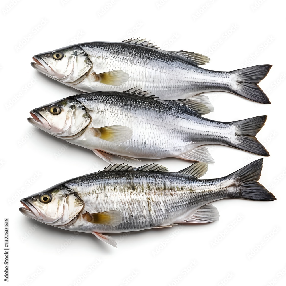 Three Fresh Sea Bass Fish on White Background Three Fresh Sea Bass Fish on White Background