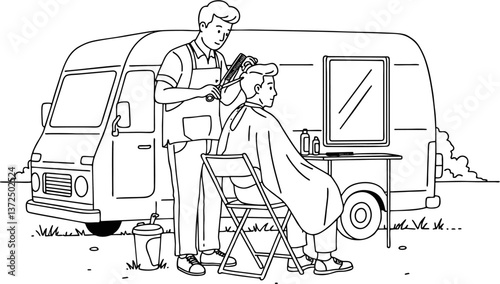 Mobile Barber Cutting Hair Outdoors – Traditional Grooming Vector