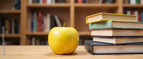 Yellow apple next to stacked books on wooden table