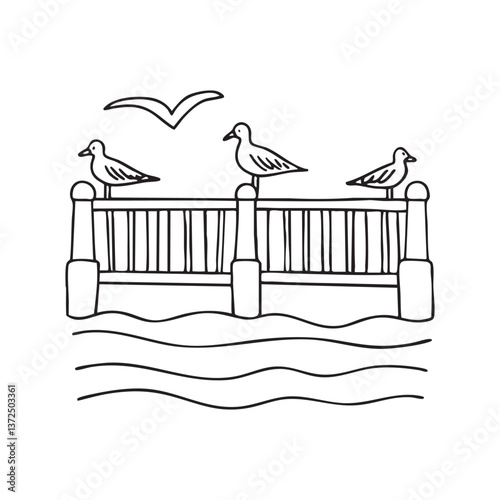 pier beside sea with wooden planks and seagulls perched on the railing