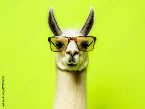 Llama wearing glasses in vibrant green background, a quirky animal portrait with bright fashion flair