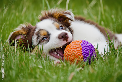 Playful Australian Shepherd puppy with ball in grass, enjoying outdoors in the summer sun photo