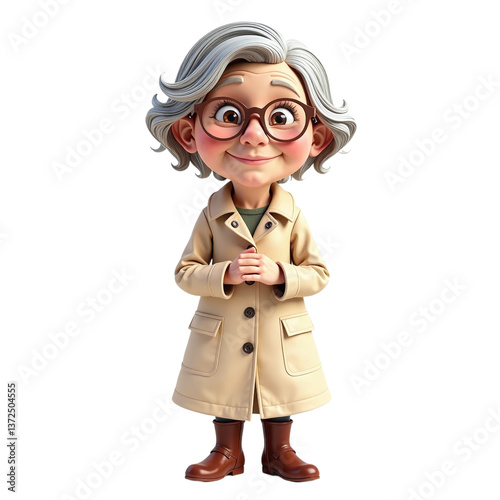 Adorable cartoon illustration of a happy senior woman in a beige coat and brown boots.
