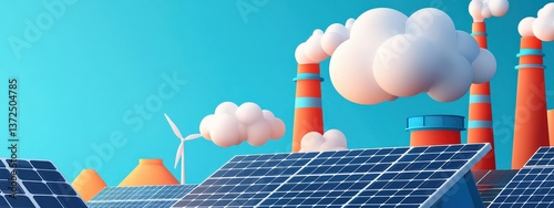 Factory emitting clouds that turn into solar panels.