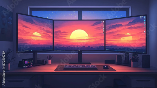 modern workspace features triple monitor setup displaying vibrant sunset scene. desk is organized with keyboard, mouse, and various office supplies, creating serene and productive environment