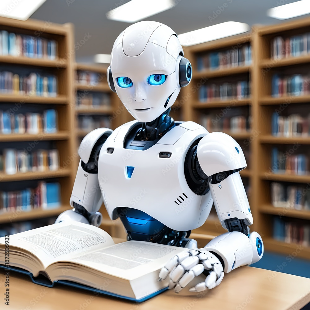 Robot Reading Book in Library Robot Reading Book in Library