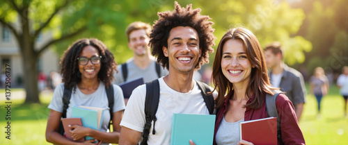 Smiling diverse group of students with books in sunny park