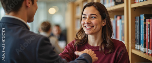 Smiling woman shaking hands with man in a library