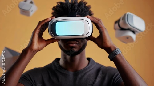 Young adult male wearing VR headset on a pastel yellow background. Perfect for advertisements. tech, studio, shot, headshot, colours, future, cyber, 4k, video, realistic, ad, advertise, advertising