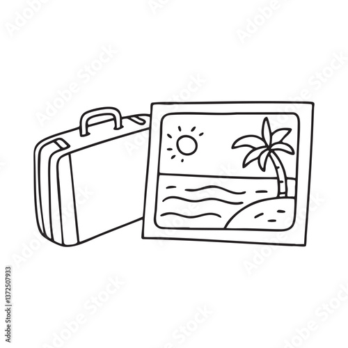 A postcard with a scenic beach view placed next to a suitcase