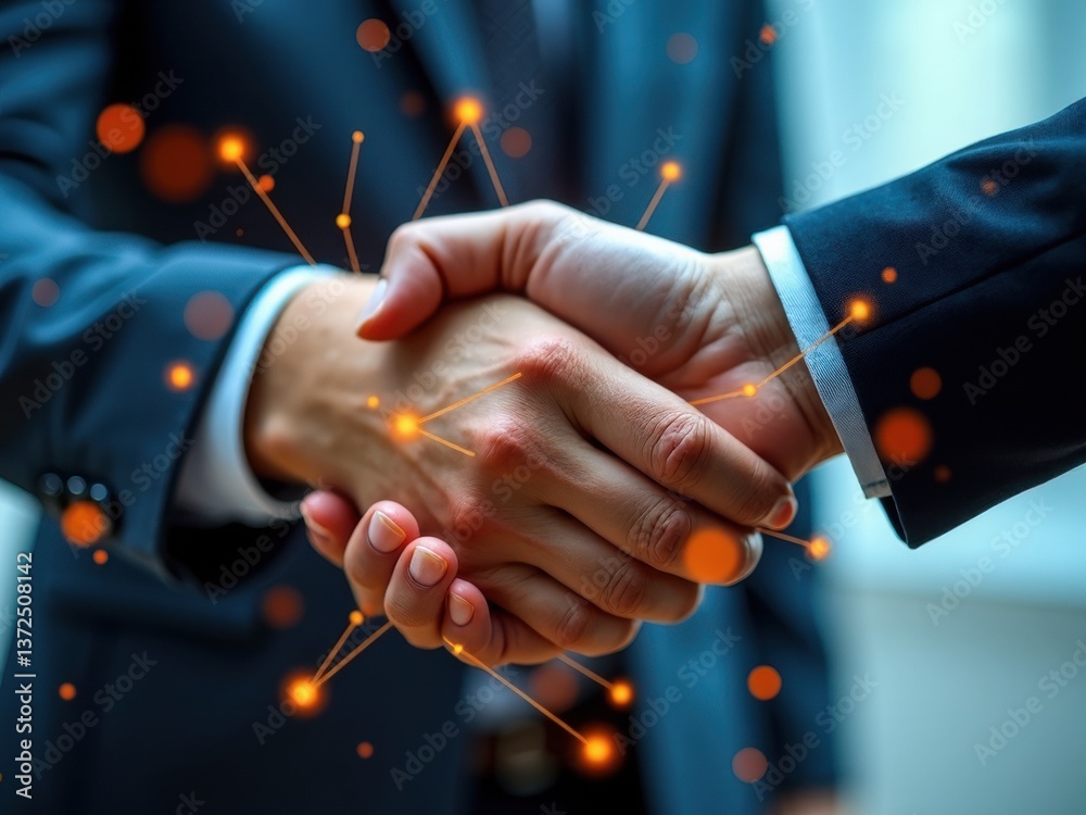 Handshake between two people with a background of orange dots. Concept of professionalism and trust between the two individuals