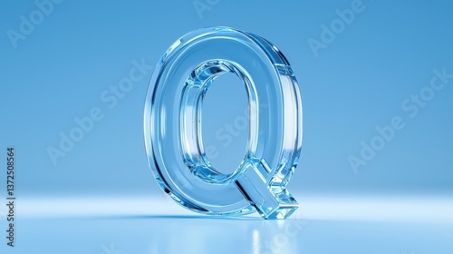 Elegant glass letter 'q' on serene blue background, captivating closeup