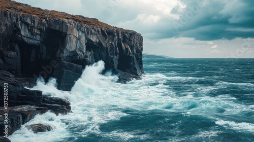 Dramatic coastal scenery showcasing waves crashing against a rocky headland