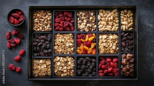 Wallpaper Mural Top view of energy snack bar tray at a product launch, granola bites, dried fruits, branded napkins, spotlight lighting on key food items Torontodigital.ca