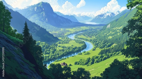 Scenic valley vista, winding river, lush landscape, mountain backdrop