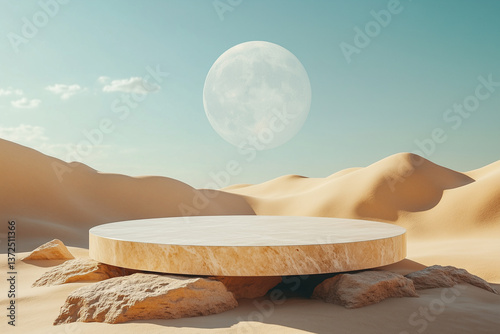 circle marble Product display podium on rocks with deserts and yellow sky on background,ideal mockup for product display presentation backdrop design 