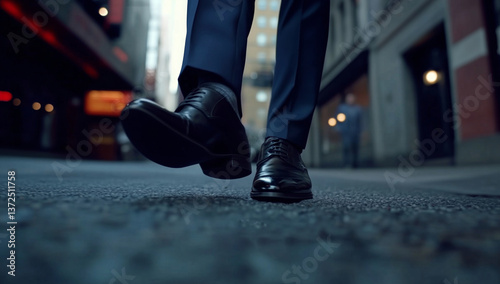 man in suit walks confidently on city street, showcasing polished black shoes and stylish appearance. urban backdrop adds to sophisticated vibe